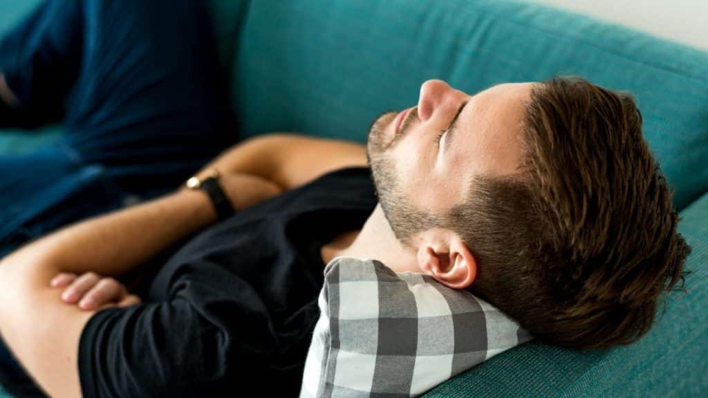 A man with a beard lies on a teal couch, resting his head on a gray and white plaid pillow.