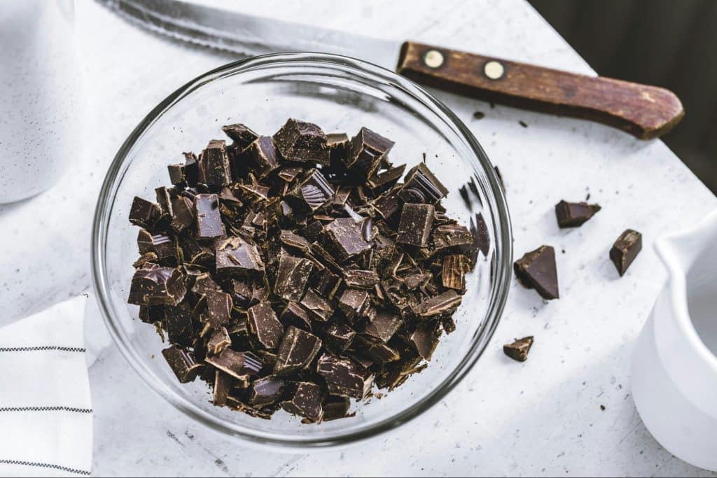 A picture of a chopped dark chocolate.