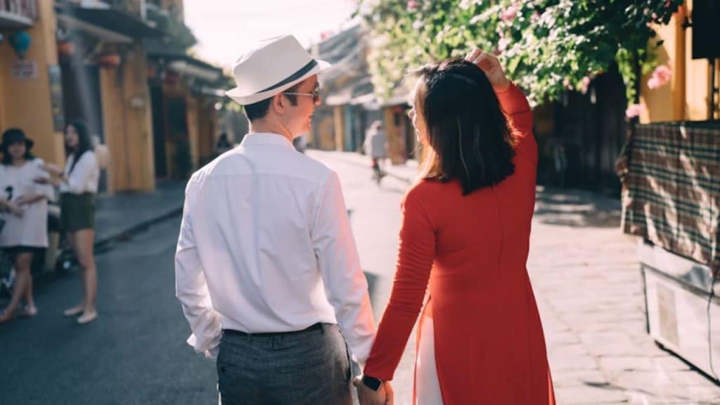 Couple walking confidently side by side, balanced and connected