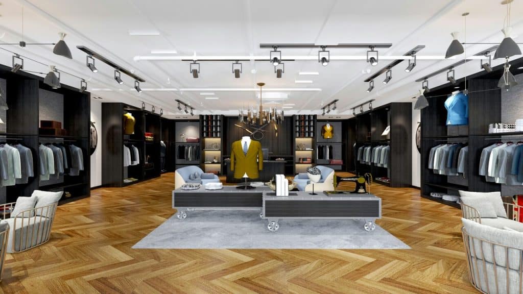 A 3D rendering of a man’s fashion shop