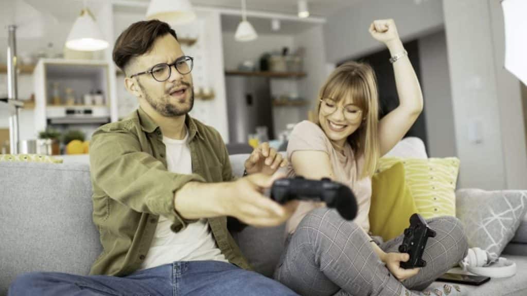 Couple playing video games.
