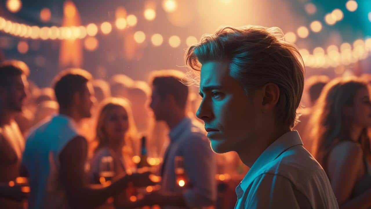 A man looking sad at a party.