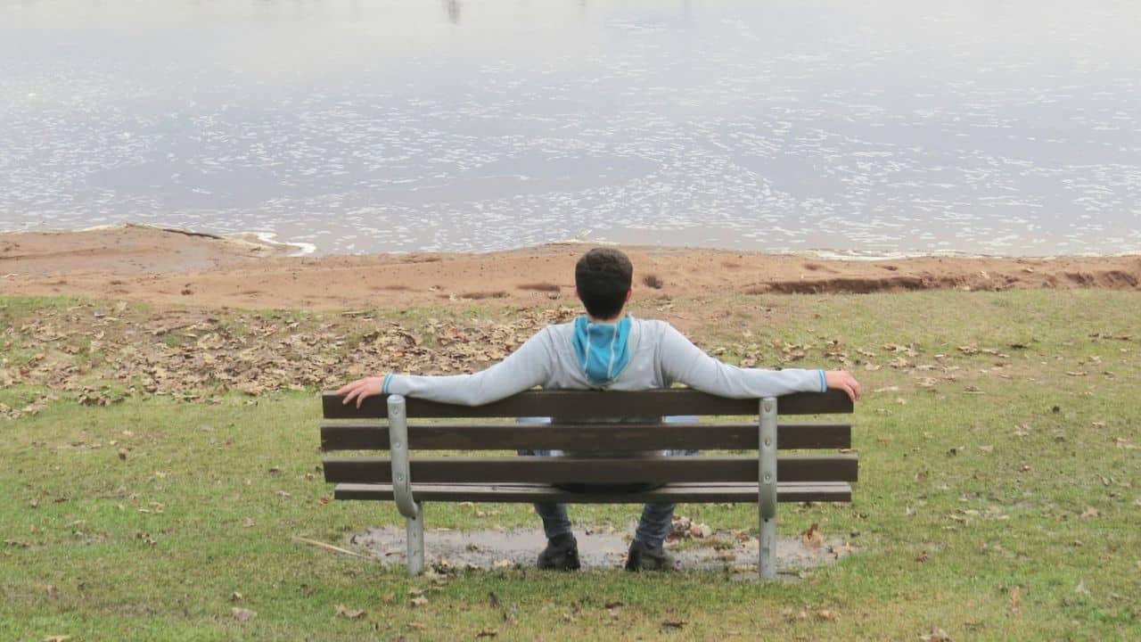 A person sits on a park bench facing a body of water with a muddy shore.