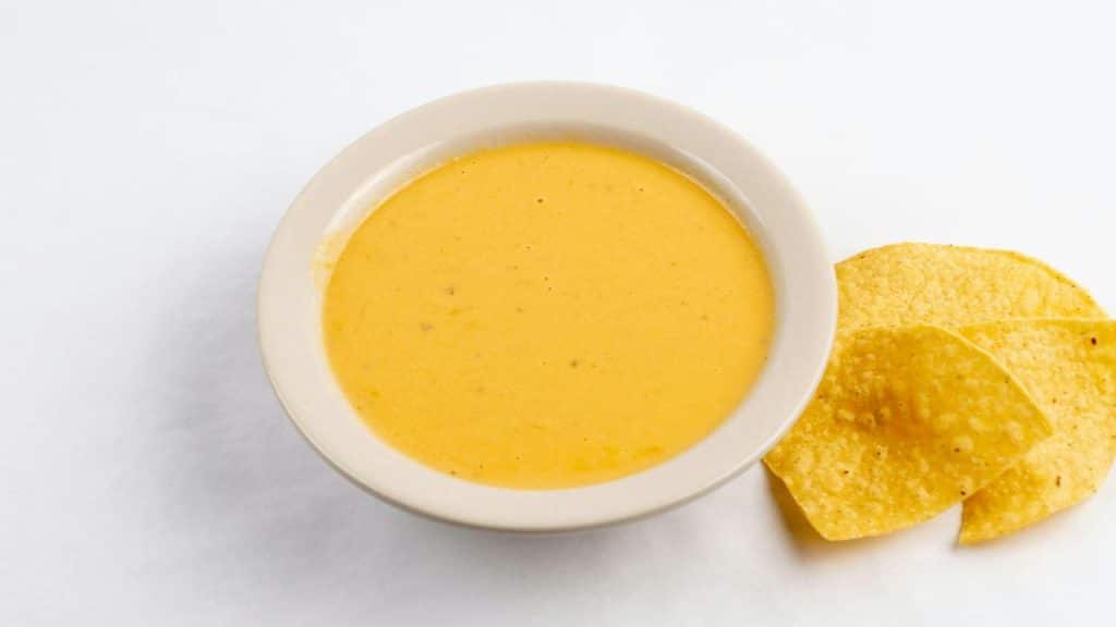 A bowl of creamy cheese dip with tortilla chips.