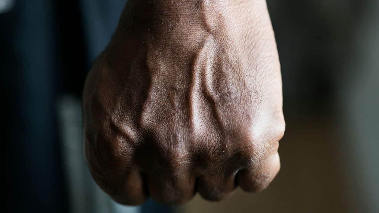 A close-up shot shows a clenched fist with prominent veins.