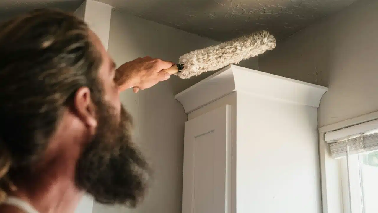 A man with a beard uses a duster to clean a cabinet top.