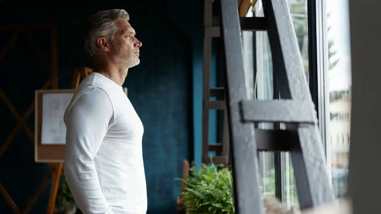 A gray-haired man in a white shirt looks thoughtfully out a window.