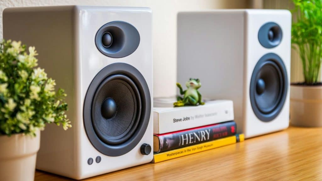 A close-up of two white speakers on a wooden surface, with books and plants.