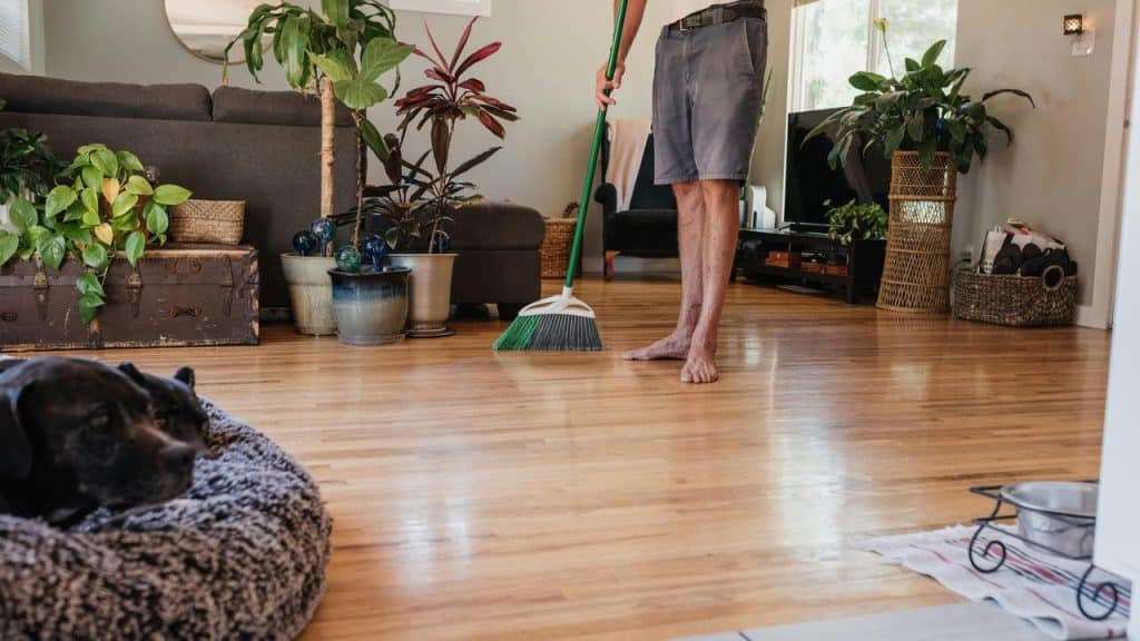 A person sweeping a hardwood floor with a dog resting nearby.