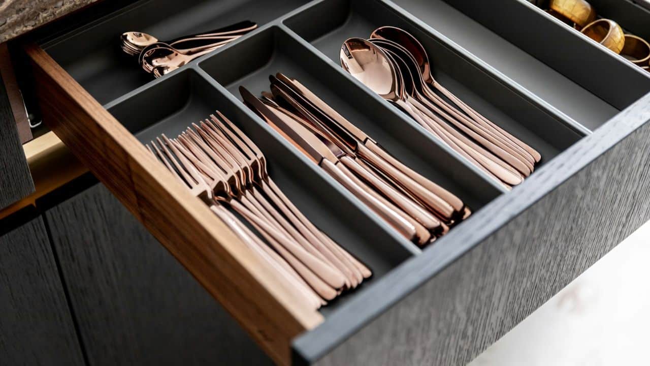 A kitchen drawer organized with rose gold-colored forks, knives, and spoons in dividers.