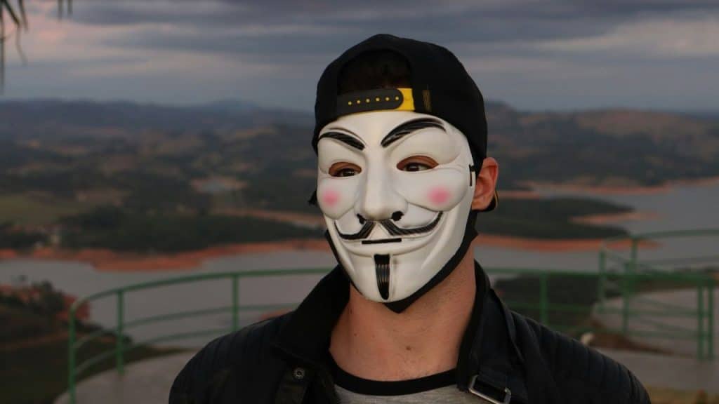 A person in a black cap and Guy Fawkes mask looks to the right.