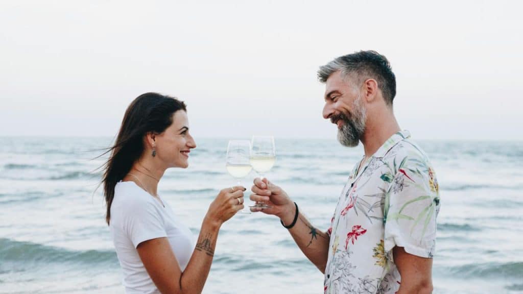 A couple clinking wine glasses by the sea.