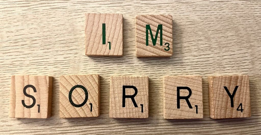 Wooden blocks spelling out “I’m sorry”.