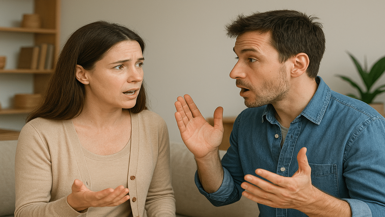 A man interrupting a woman while she talks.