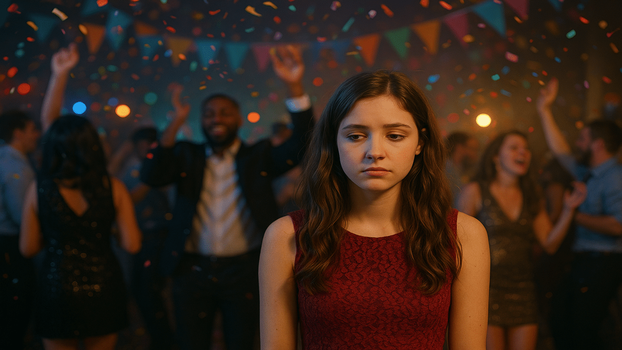 A woman isolated at a party.
