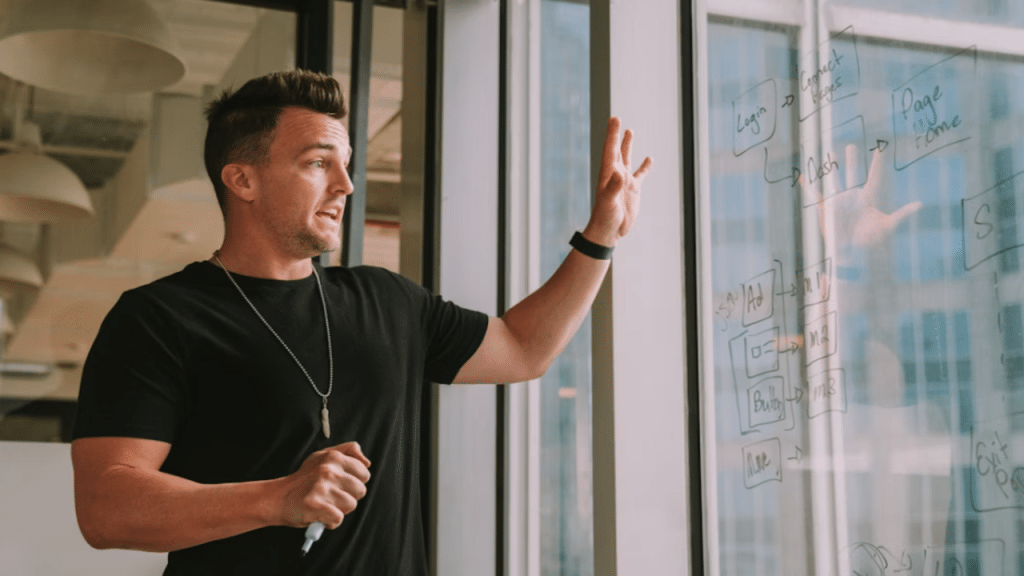 A man leading a business meeting.