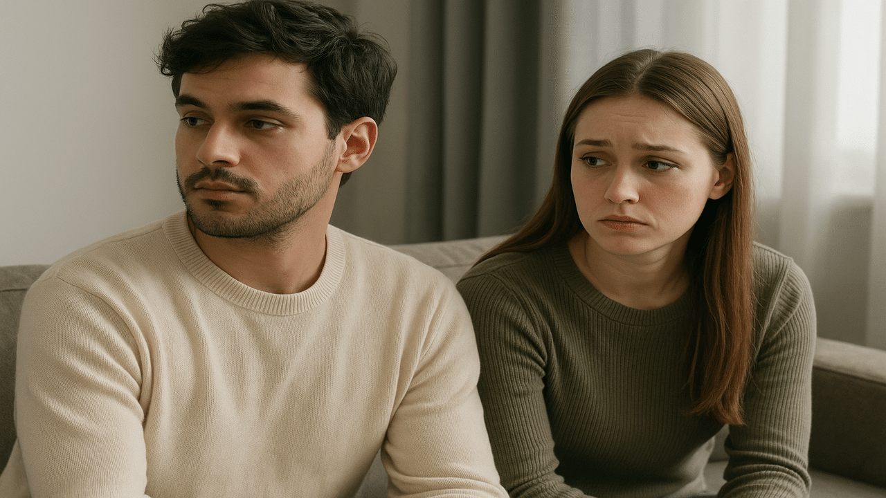 A woman looking at her distracted boyfriend