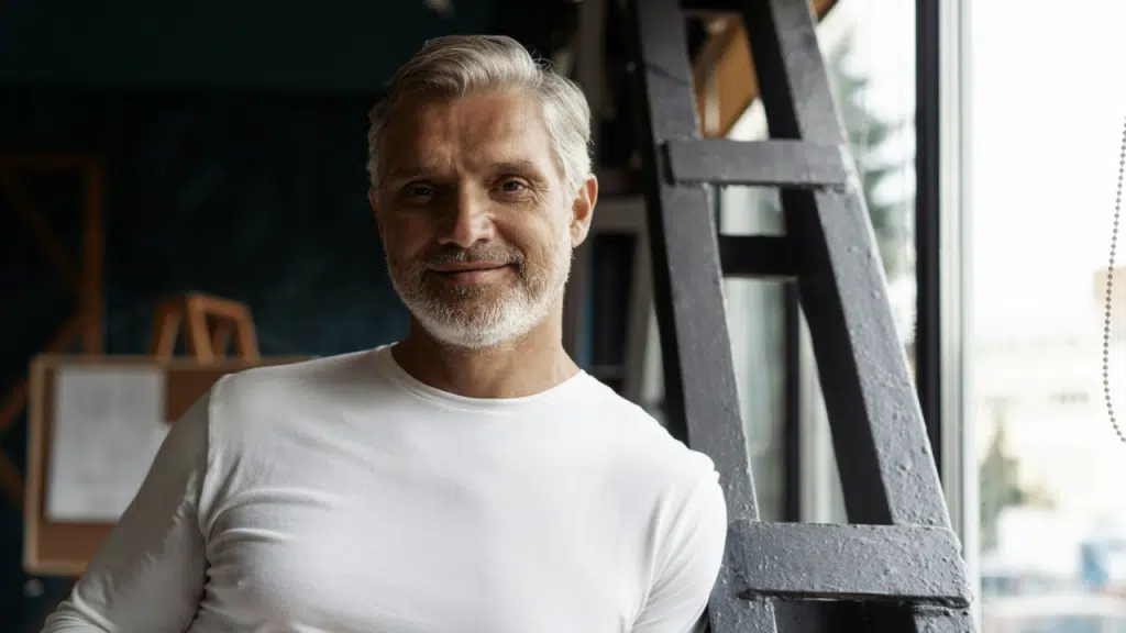 A handsome mature man smiling at the camera