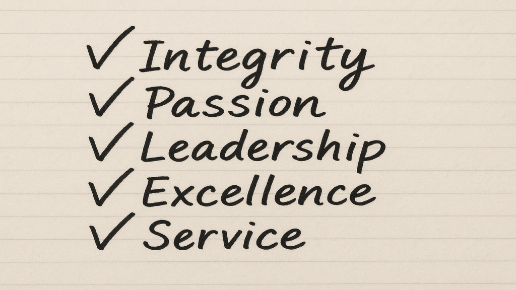 A handwritten list of core values