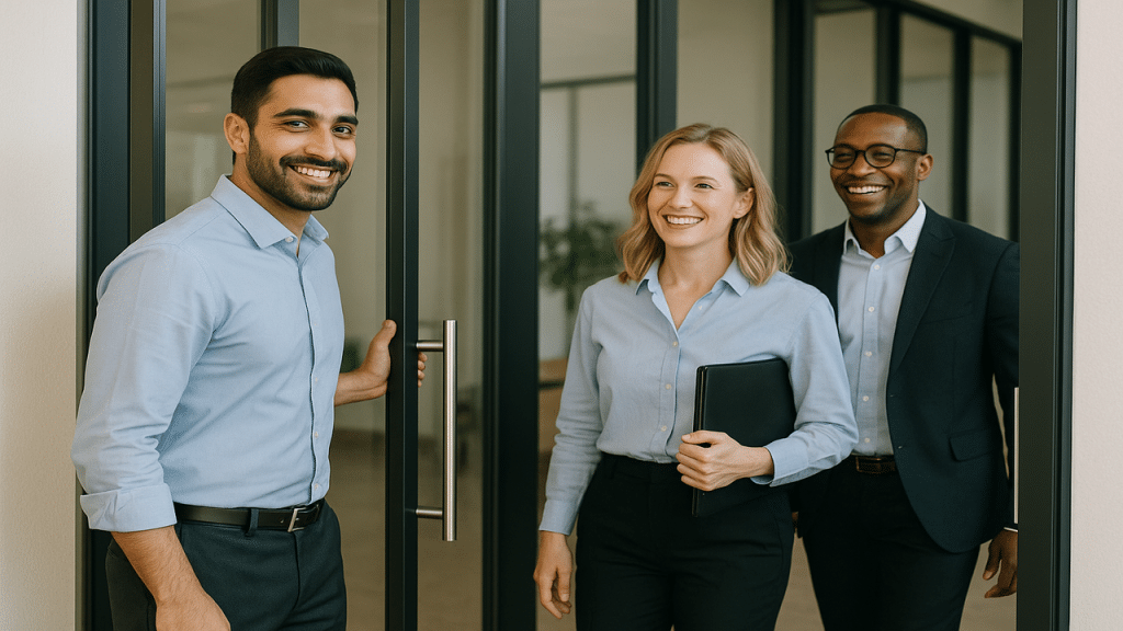 A man holding the door open for his colleagues