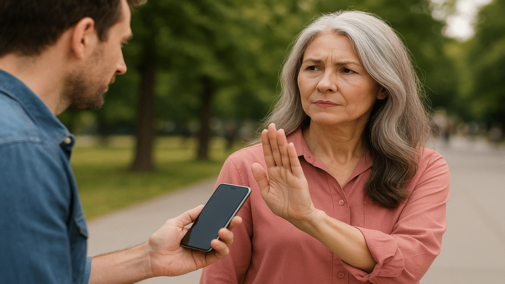 A mature woman turning down a man