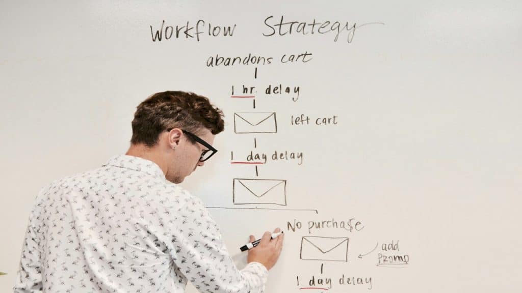 A man writing his workflow on a white board.
