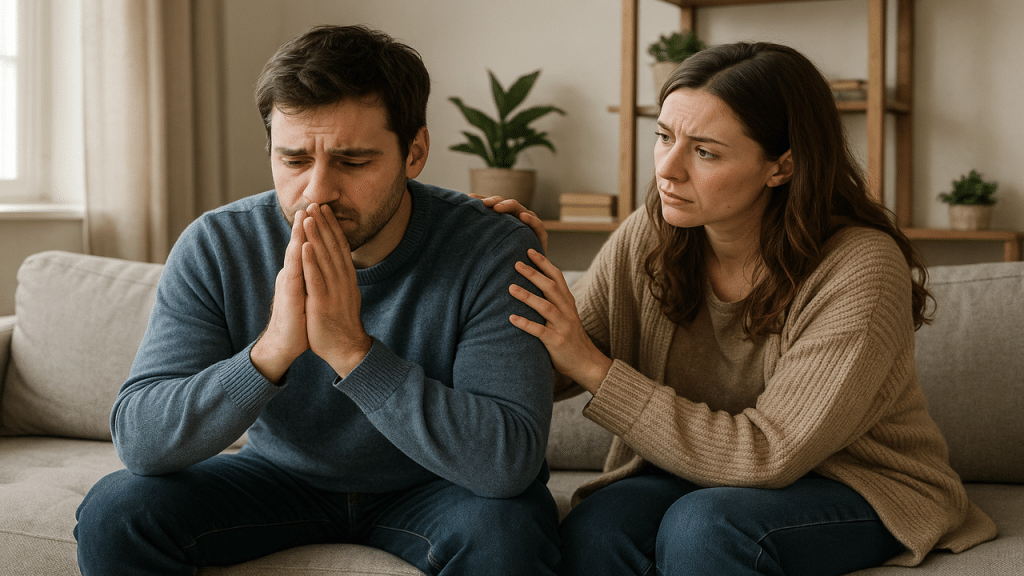 A woman comforting her upset husband.