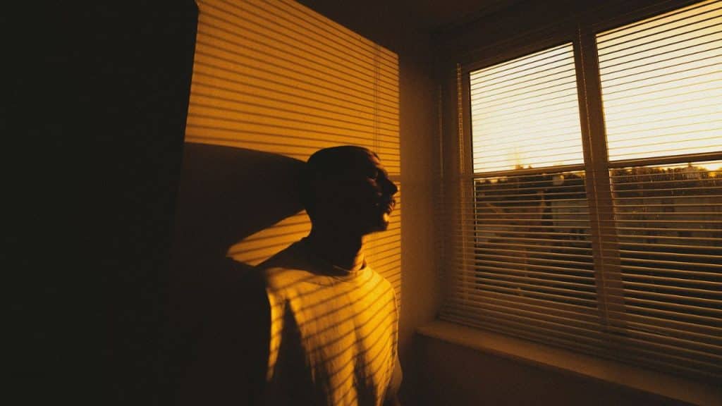 A silhouette of a person stands in a dark room, with light shining through blinds.