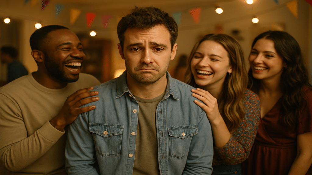 A man looking sad while surrounded by friends at a party.