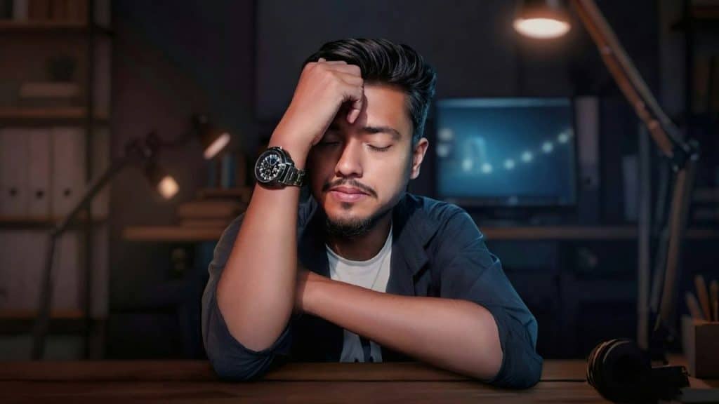A weary man sits at a desk in a dark room, eyes closed, with his hand on his head.