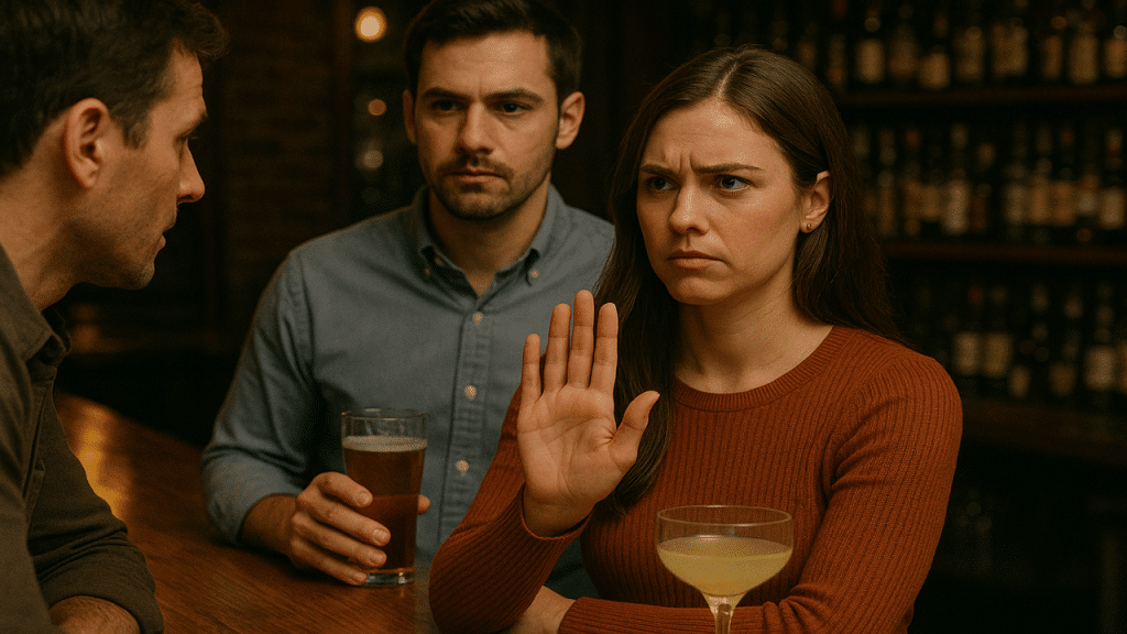 A woman rejecting a man at a bar.