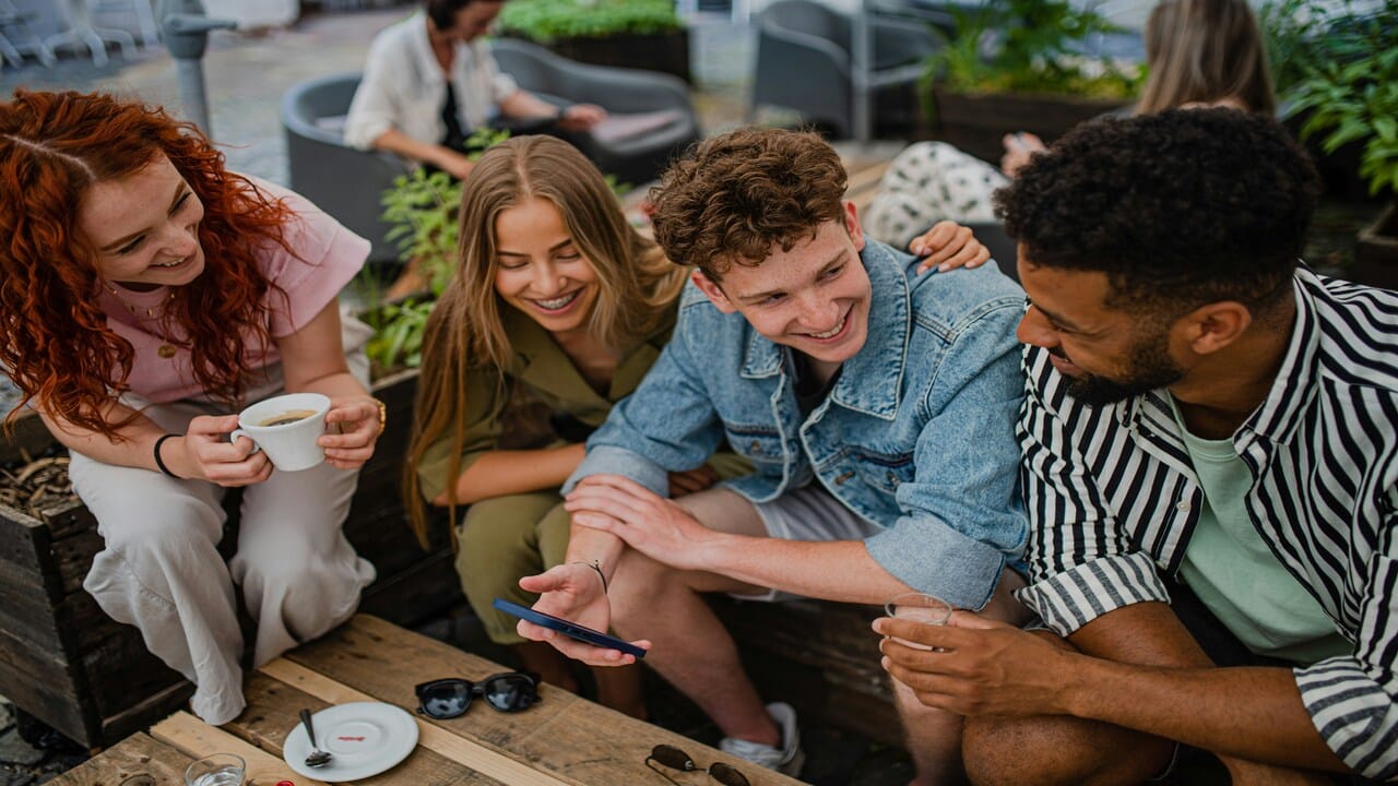 Friends laughing together.