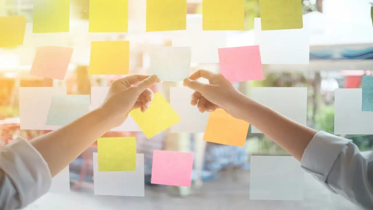 Putting post-its on the wall.