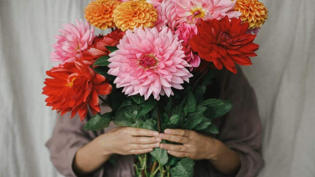 A woman holding a bouquet of flowers.