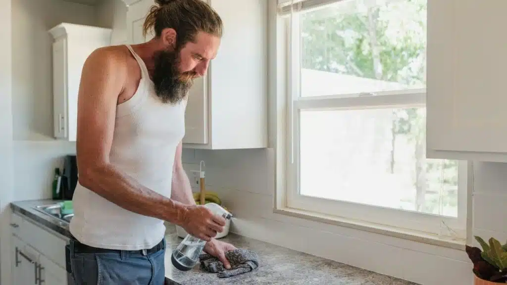A bearded man wearing a tank top cleans a kitchen counter with a spray bottle.
