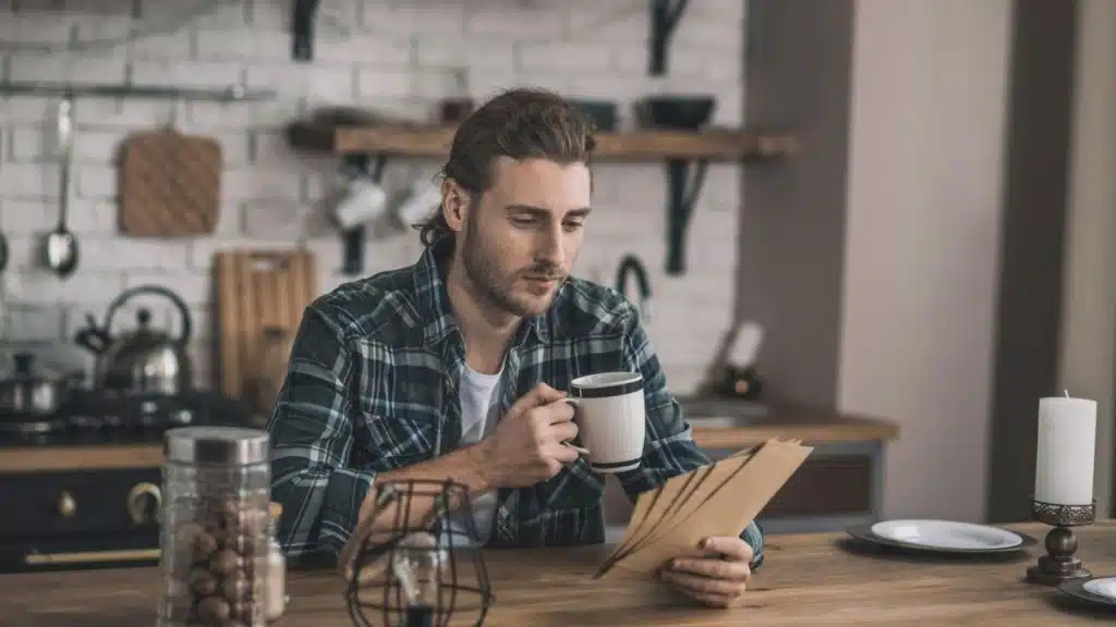 A thoughtful man in a plaid shirt sits at a table, holding a mug and some papers.