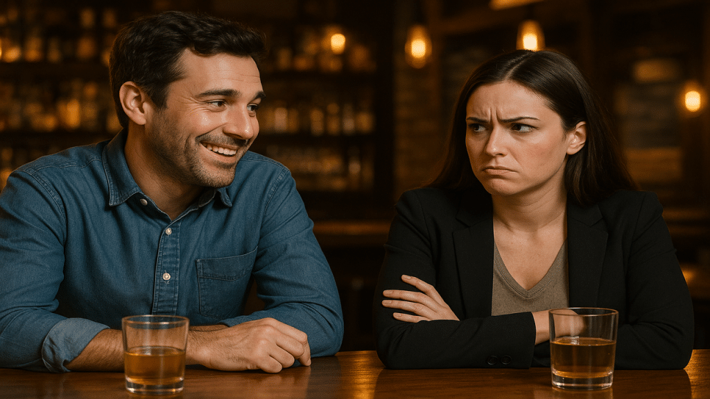 A man is smiling while the woman is confused.