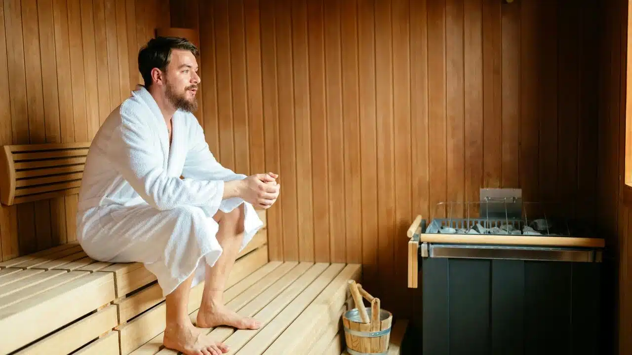 A man relaxing in a sauna wearing a white robe.