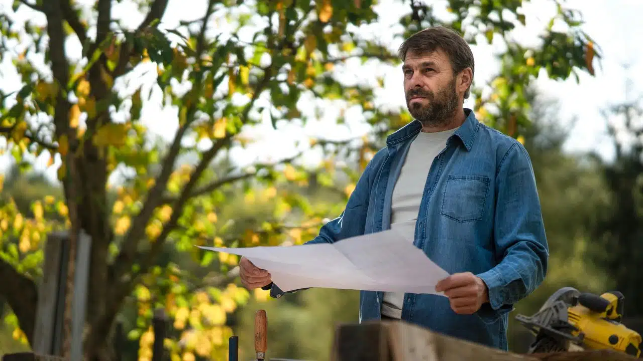 A man holding blueprints outdoors.