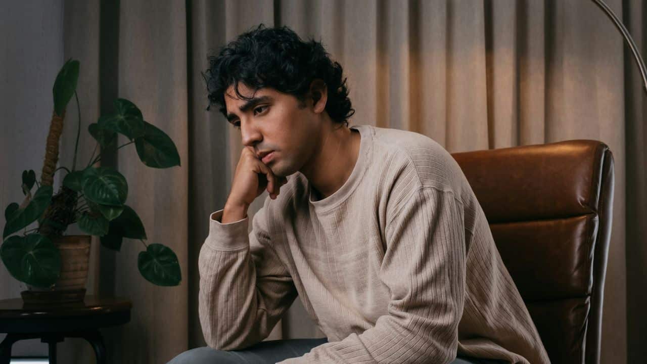 A thoughtful man with dark, curly hair sits in a chair, resting his chin on his hand.