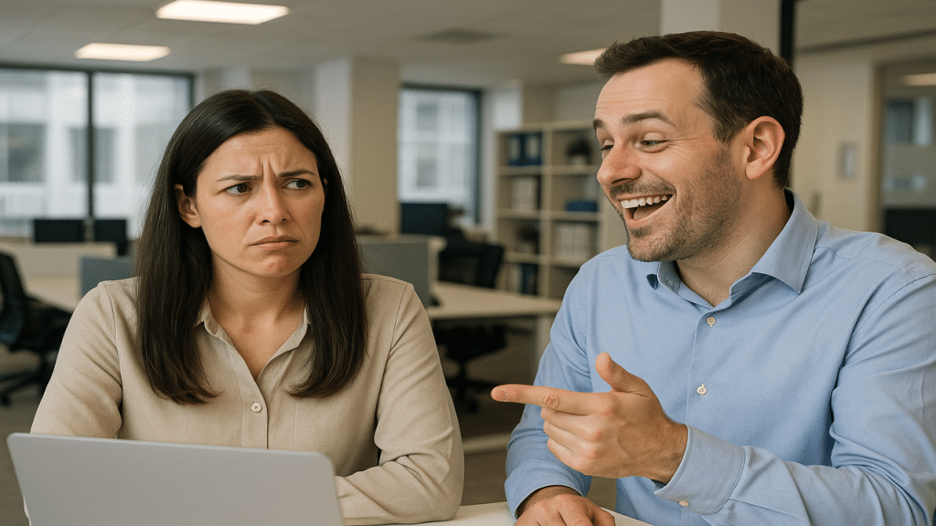 A woman looking confused while a man jokes.