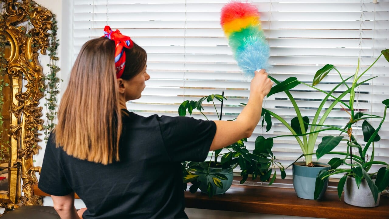 A woman cleaning the window.