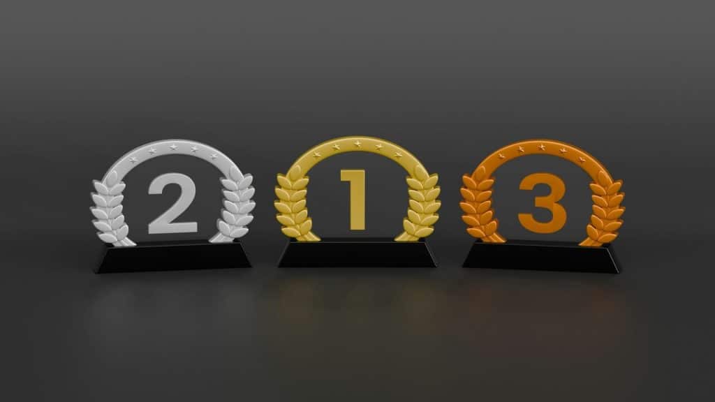 A 3D rendering of first, second, and third place awards