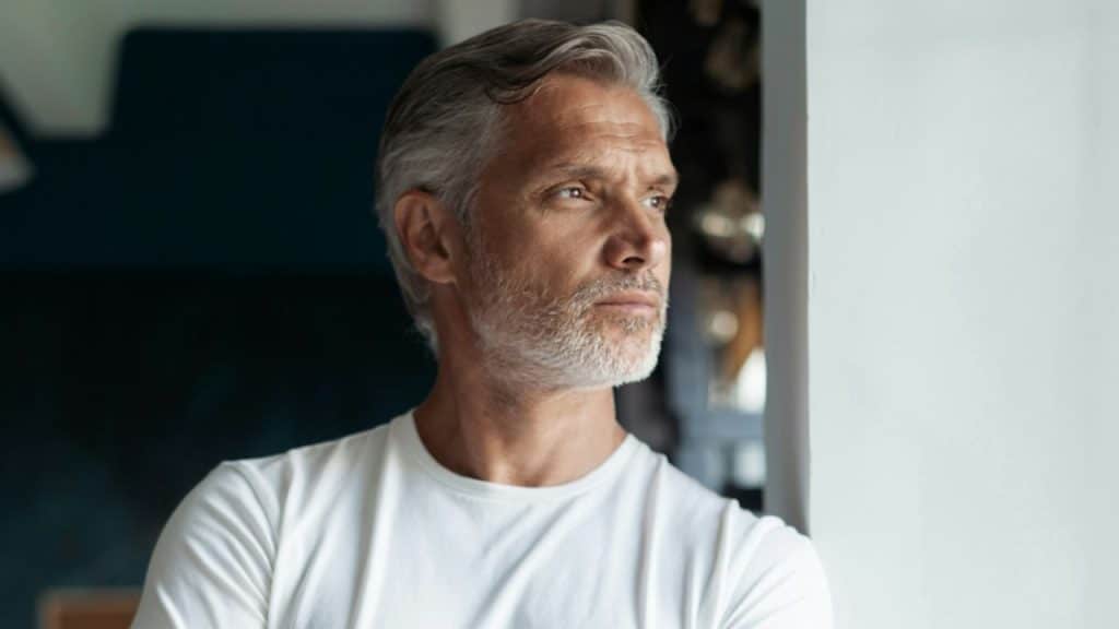 A handsome, gray-haired man with a beard looks out a window.