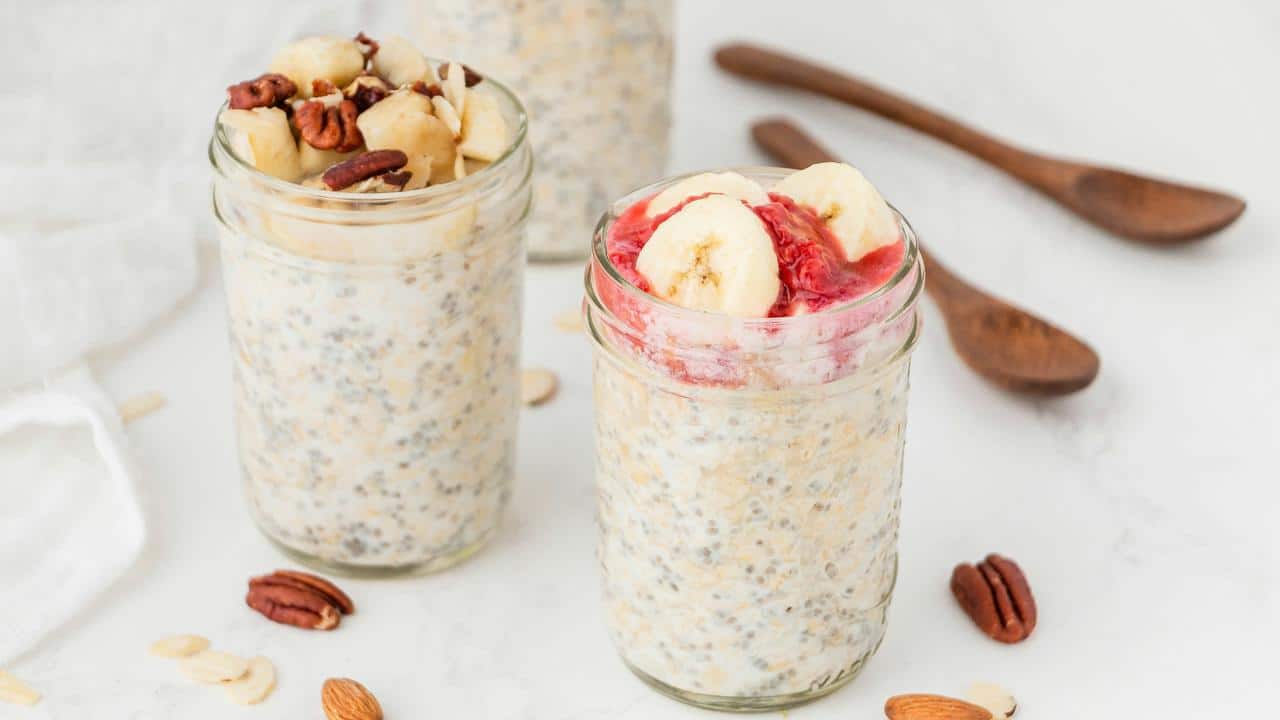 A trio of overnight oats jars with banana.