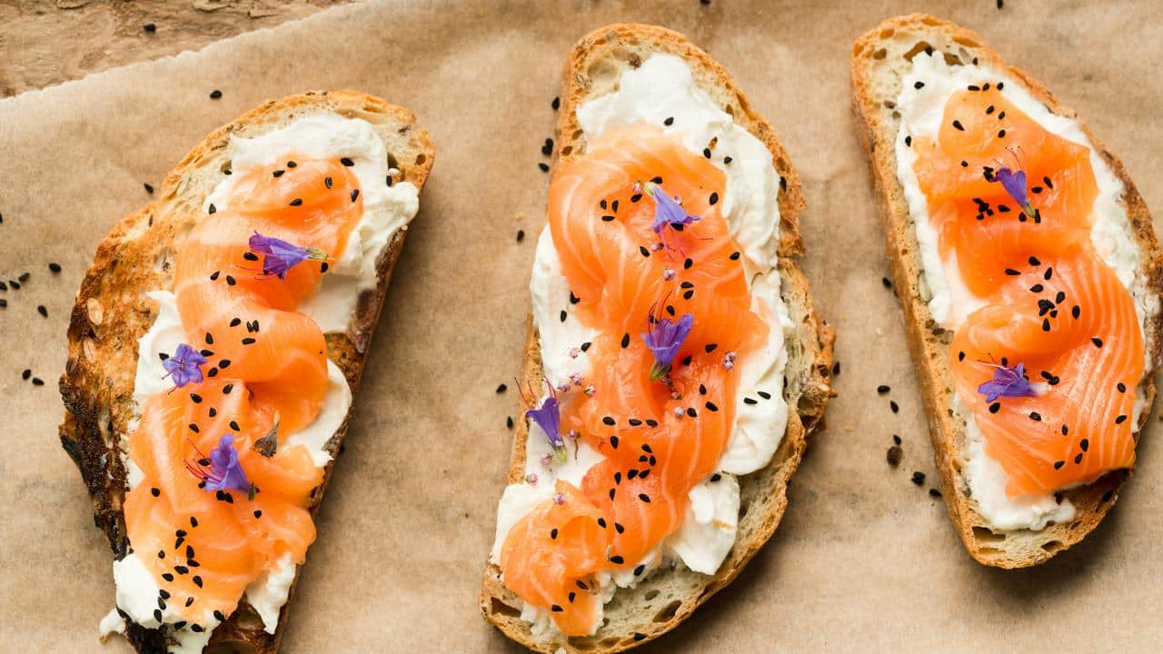 A trio of smoked salmon toasts.