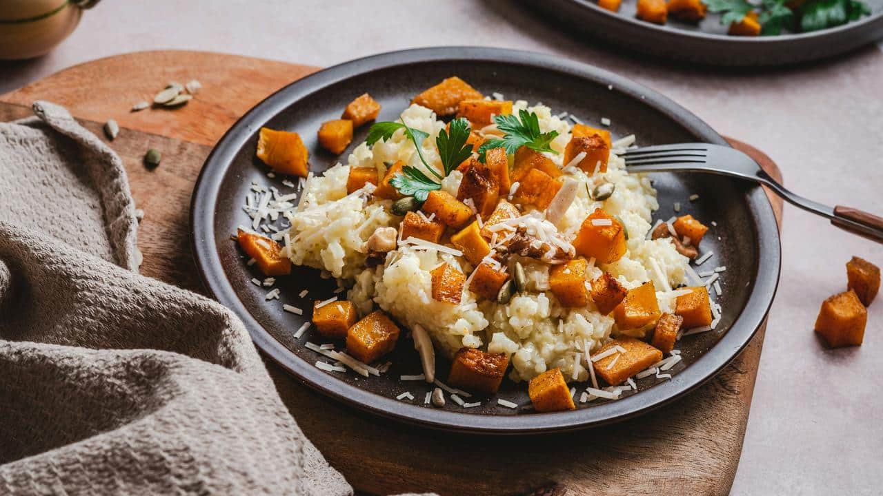 A plate of risotto with roasted squash.