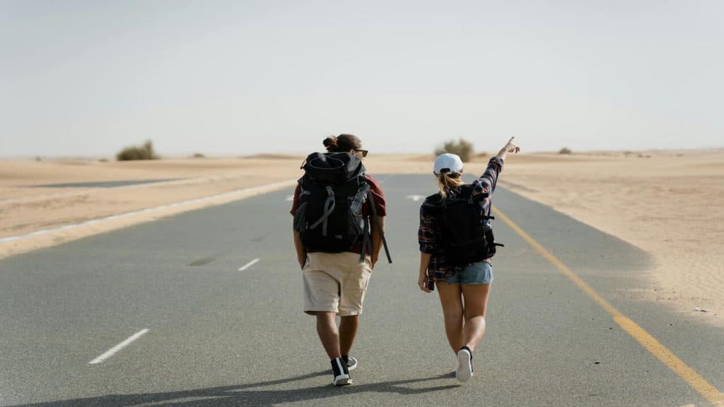 Two friends hiking together.