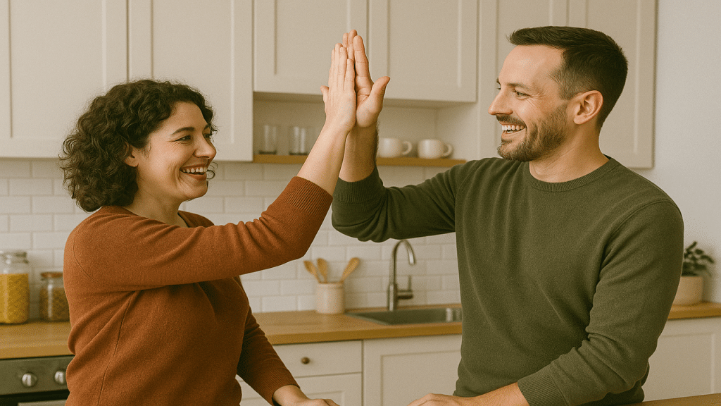 A couple high fiving in the kitchen