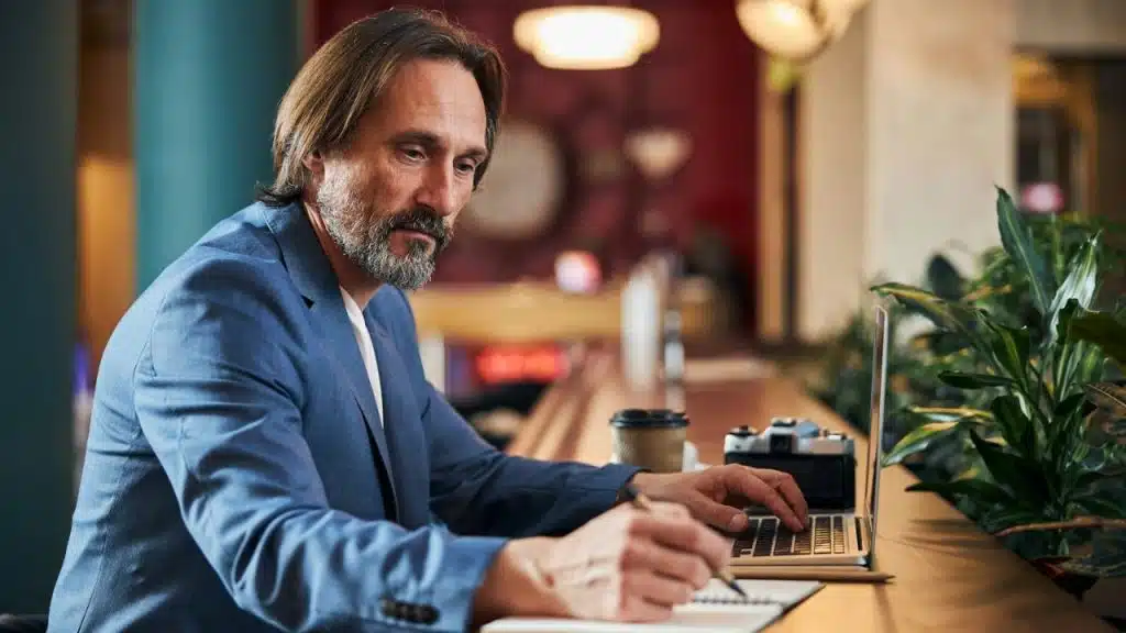 A focused, bearded man in a blue blazer works on a laptop and writes in a notebook.